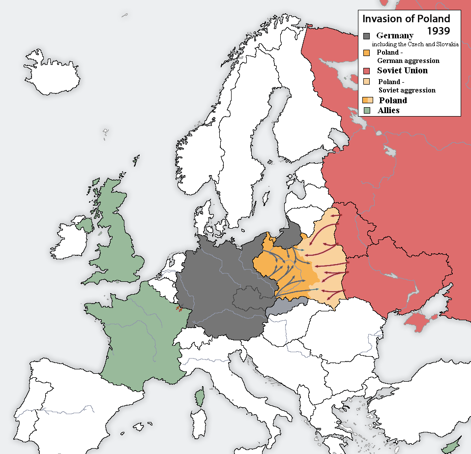 Карта вторжения СССР и Германии в Польшу в 1939 г. и линия новой границы.