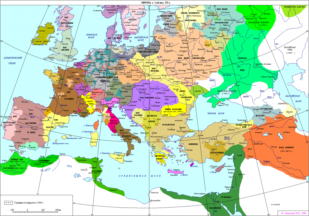 Карта Европы 1400-1450 гг. Период начала создания наций. Источник: Seosait.